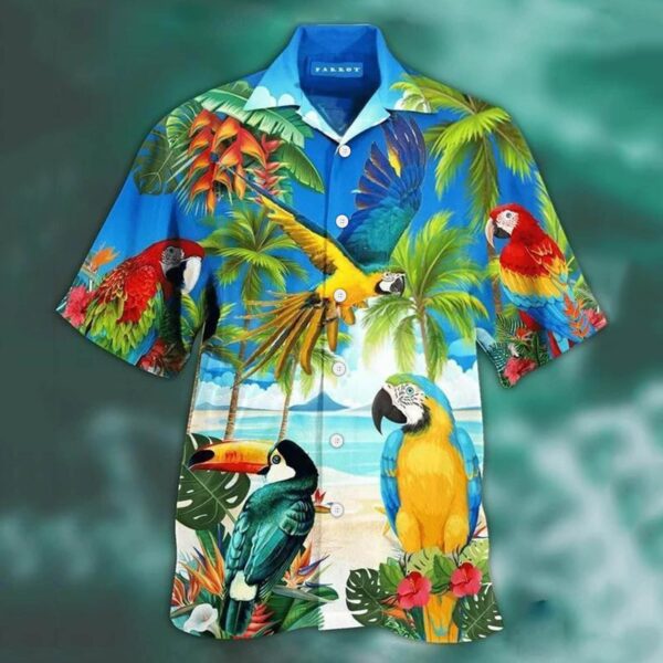 Animal Parrot Print Patchwork Fashion Hawaiian Men Shirt Cool Turn Down Collar Short Sleeve Streetwear Beach 2