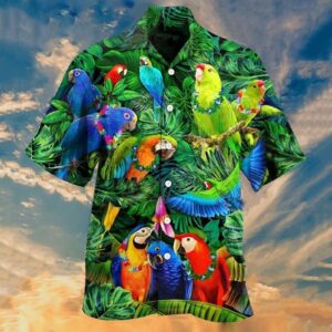 Animal Parrot Print Patchwork Fashion Hawaiian Men Shirt Cool Turn Down Collar Short Sleeve Streetwear Beach