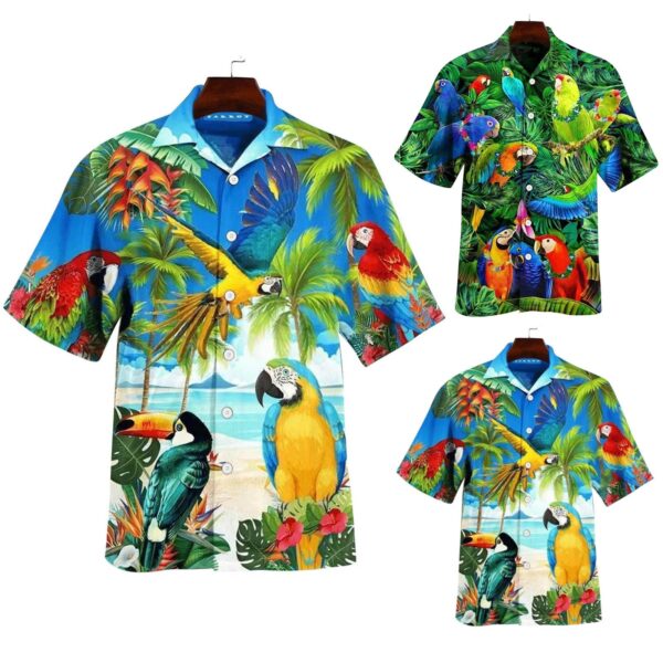Animal Parrot Print Patchwork Fashion Hawaiian Men Shirt Cool Turn Down Collar Short Sleeve Streetwear Beach 4