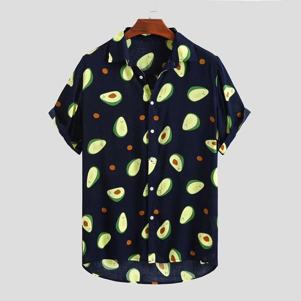 Fluorescent Color Men Shirt Summer High Quality Breathable Hawaiian Shirt Camisa Masculina Avocado Casual Male Printed