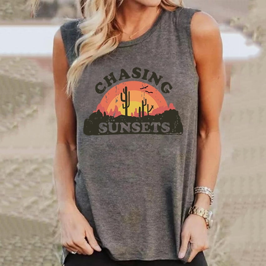 Letter Print Tank Tops Sunset Vest Women Summer Sleeveless Tee 2020 New Women Tanks Top Casual