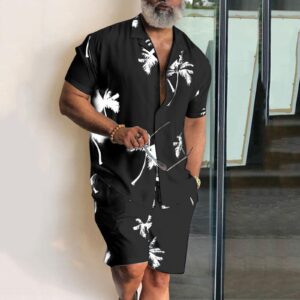 Short Sleeve Palm Tree Printed Shirt Men Causal Blouse Shorts Suit Summer 2 Piece Clothing Beach