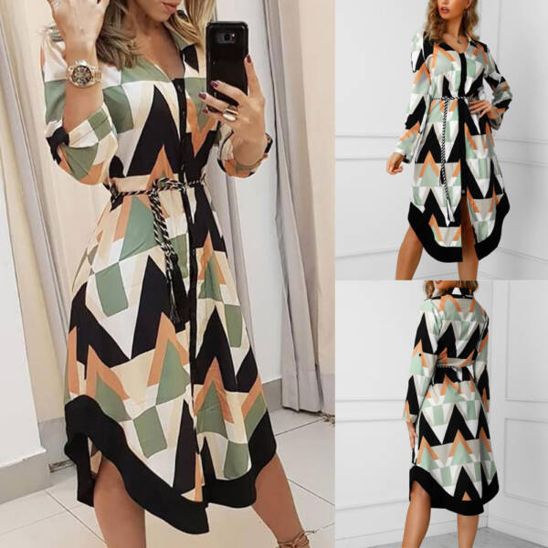 Spring Summer Lady Cover Up Women s Shirt Dress Wave Print Long Sleeve V Neck Casual 1