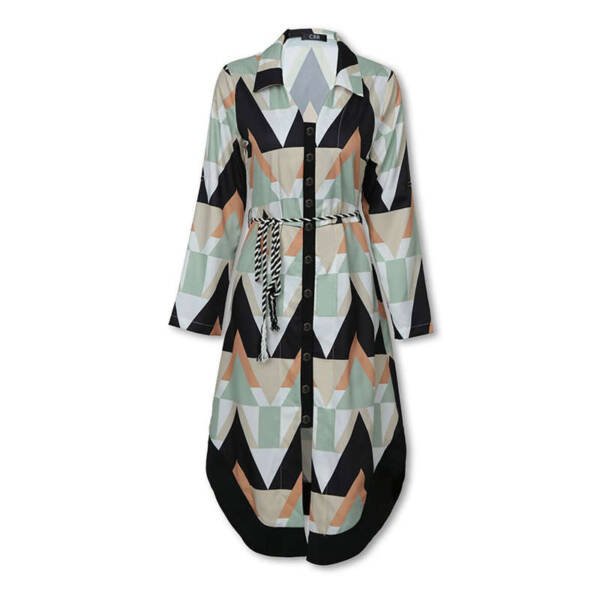 Spring Summer Lady Cover Up Women s Shirt Dress Wave Print Long Sleeve V Neck Casual 2