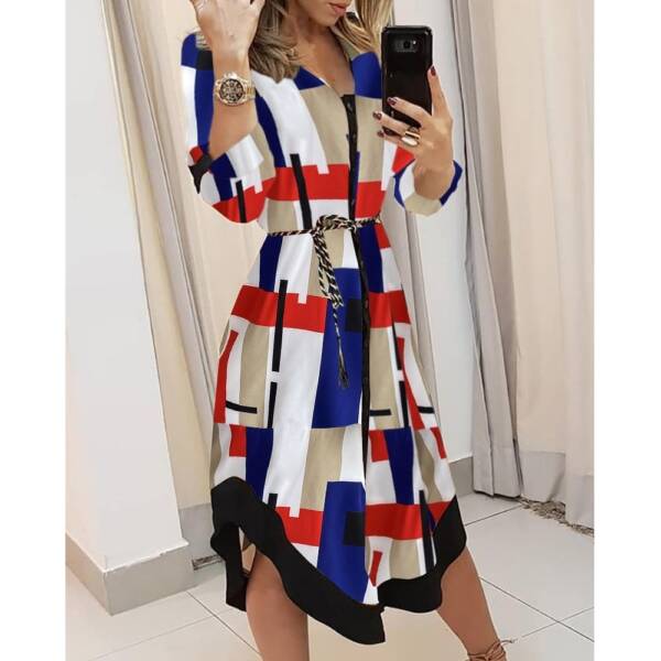 Spring Summer Lady Cover Up Women s Shirt Dress Wave Print Long Sleeve V Neck Casual 4