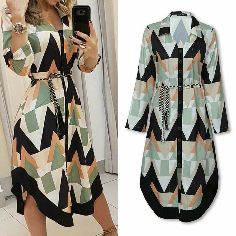 Spring Summer Lady Cover Up Women s Shirt Dress Wave Print Long Sleeve V Neck Casual