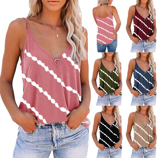 Women Diagonal Striped Print Tank Tops Summer Sleeveless Tie Dye Sexy V Neck Loose Tank Casual 5