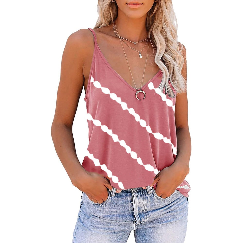 Women Diagonal Striped Print Tank Tops Summer Sleeveless Tie Dye Sexy V Neck Loose Tank Casual