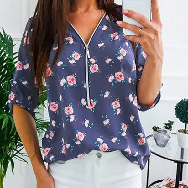 Women Long Sleeve T shirt V neck Zipper Loose Casual T Shirts Spring Summer Flower Print 2