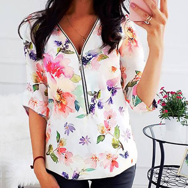 Women Long Sleeve T shirt V neck Zipper Loose Casual T Shirts Spring Summer Flower Print 3
