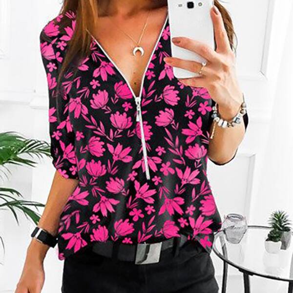 Women Long Sleeve T shirt V neck Zipper Loose Casual T Shirts Spring Summer Flower Print 7