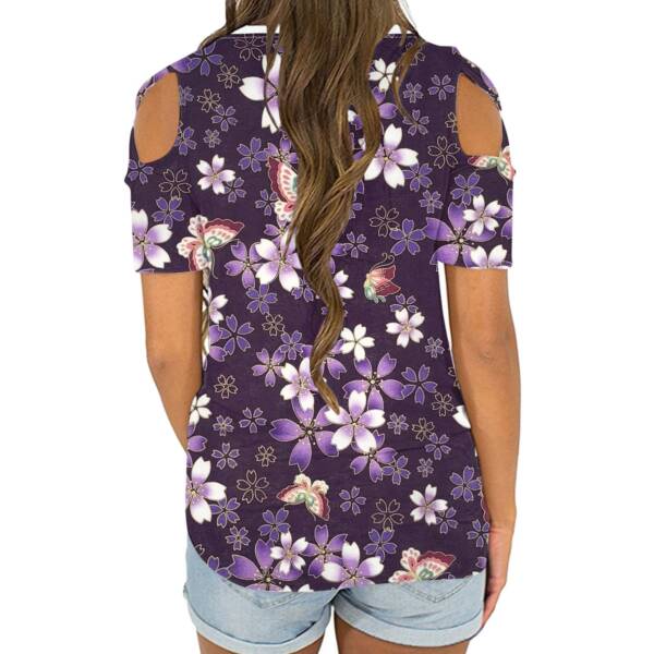 Women Off Shoulder T Shirt Vintage Flower Print Cold Shoulder Tunic Loose T shirt Summer Short 2